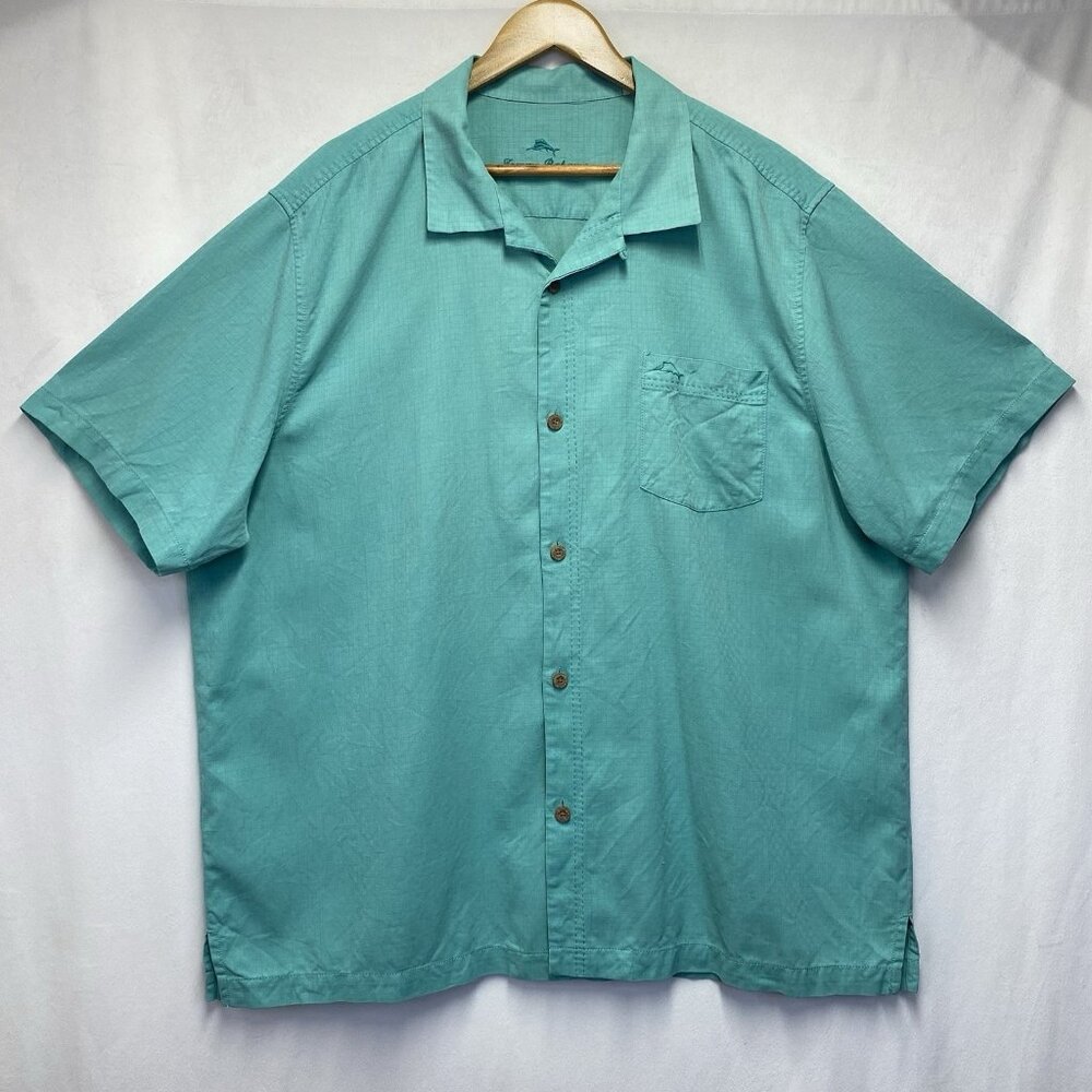 Tommy Bahama Tropic Isles Silk Camp Shirt Men XXL Green Aqua Single Pocket